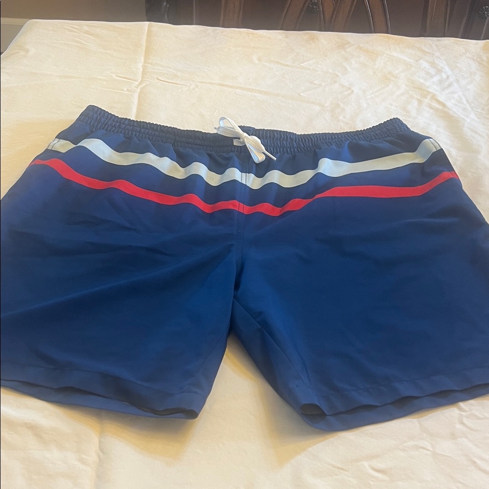 Chubbies Navy Swim Trunks with Red and White Stripes